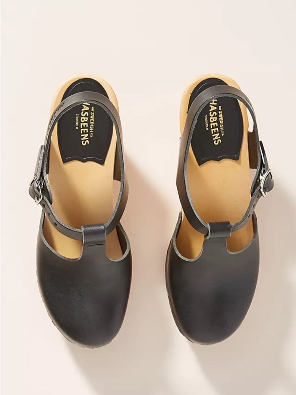Swedish Hasbeens Black Leather Mary Jane Clogs 37 New
